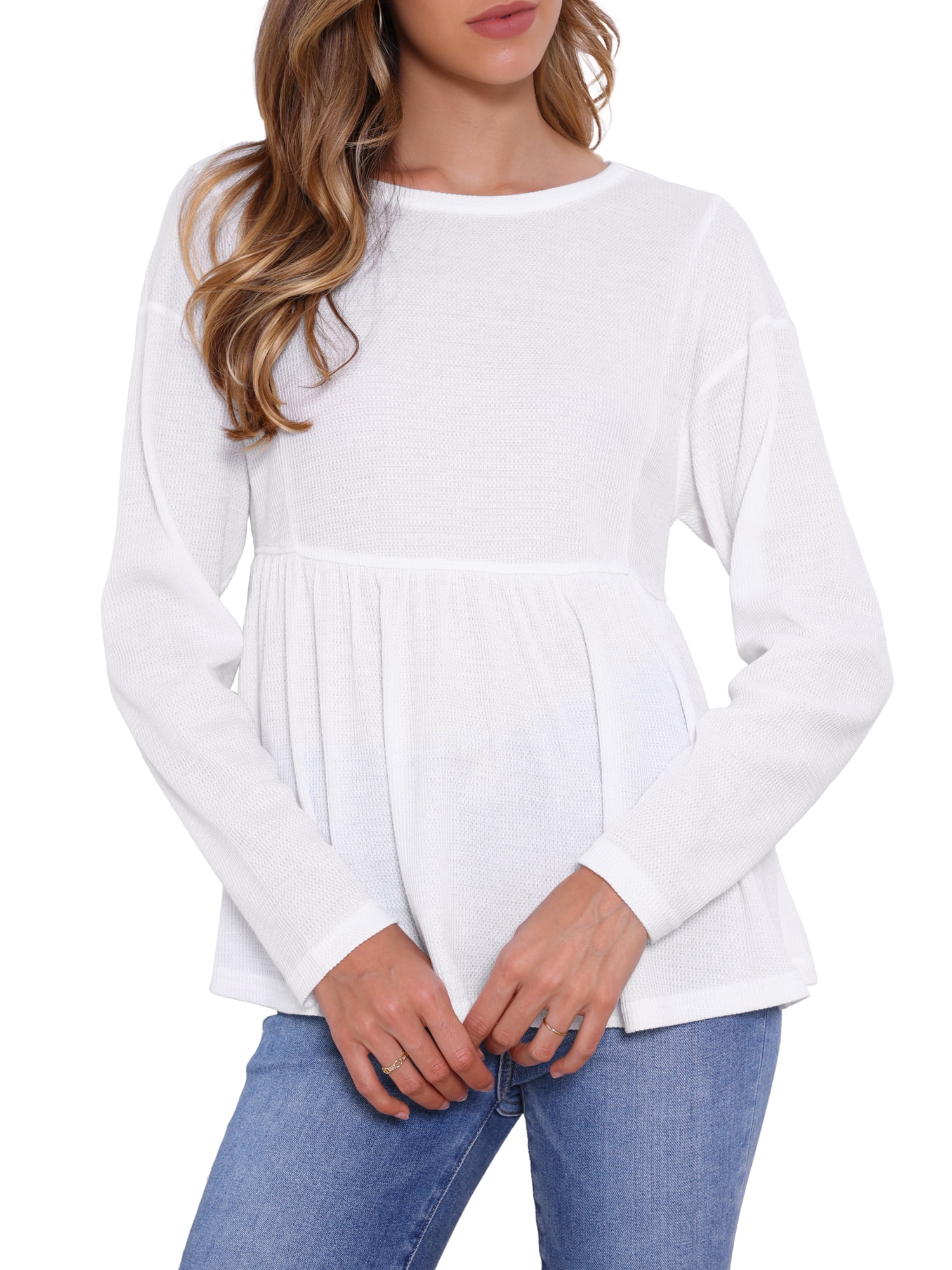 DARING DIVA Women's Waffle Knit Top Long Sleeve Babydoll Peplum Blouses M White
