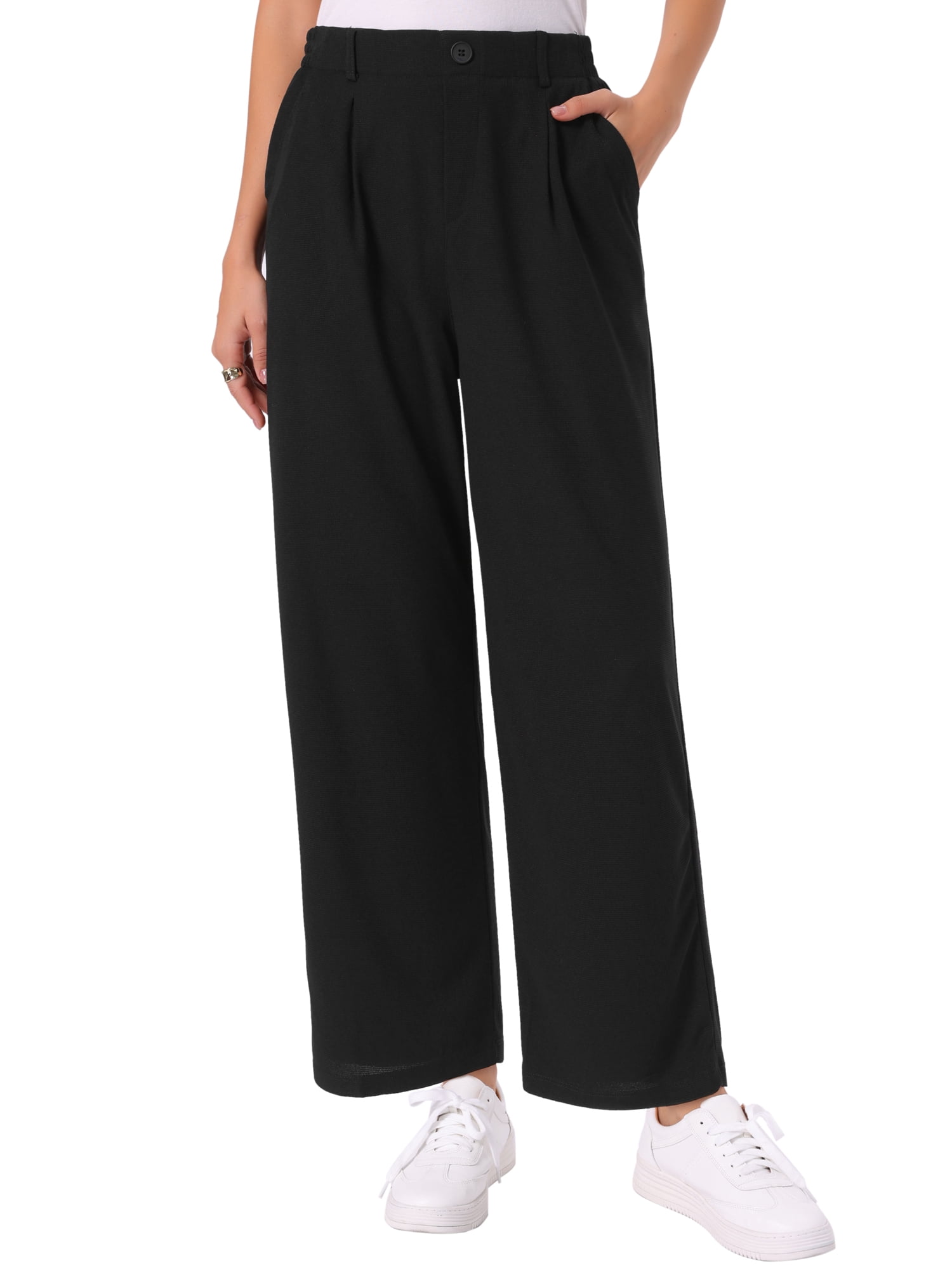 DARING DIVA Women's Waist Trousers Straight Leg Button Decor Slacks Pants L Black