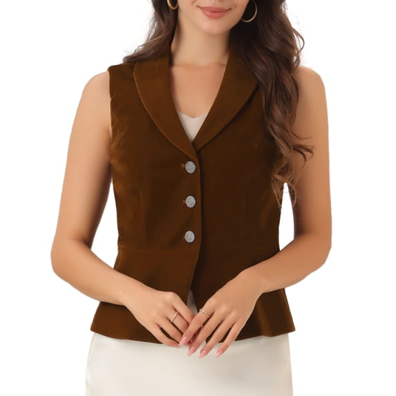 DARING DIVA Women's Waistcoat Suit Velvet Lapel V Neck Dressy Blazer Vests XL Coffee Brown