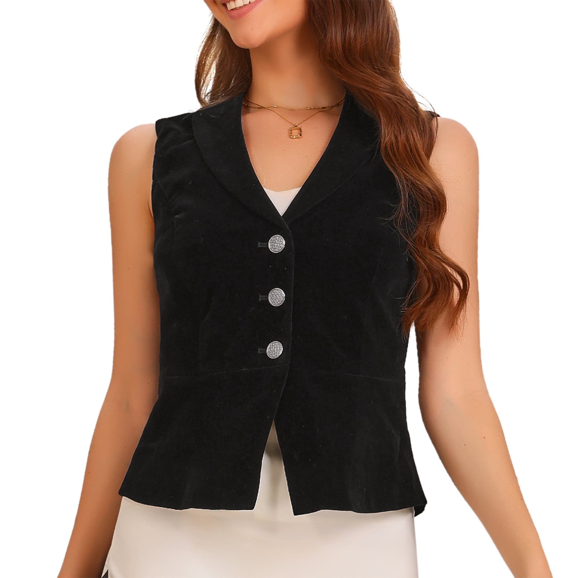 DARING DIVA Women's Waistcoat Suit Velvet Lapel V Neck Dressy Blazer Vests L Black