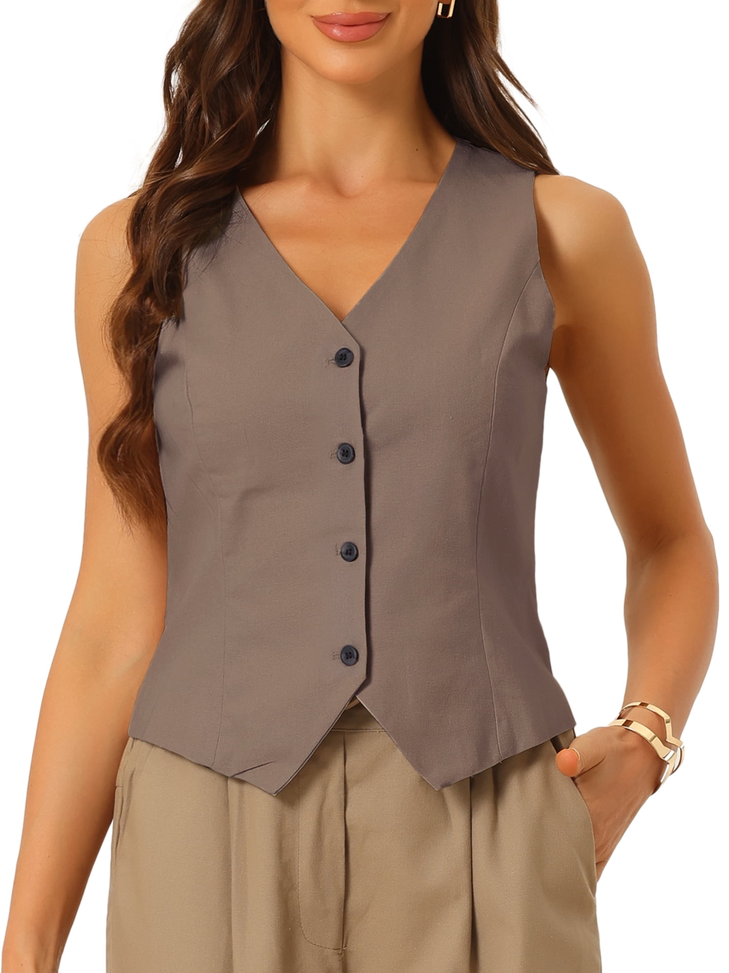 DARING DIVA Women's Waistcoat V Neck Crop Top Summer Vest L Coffee