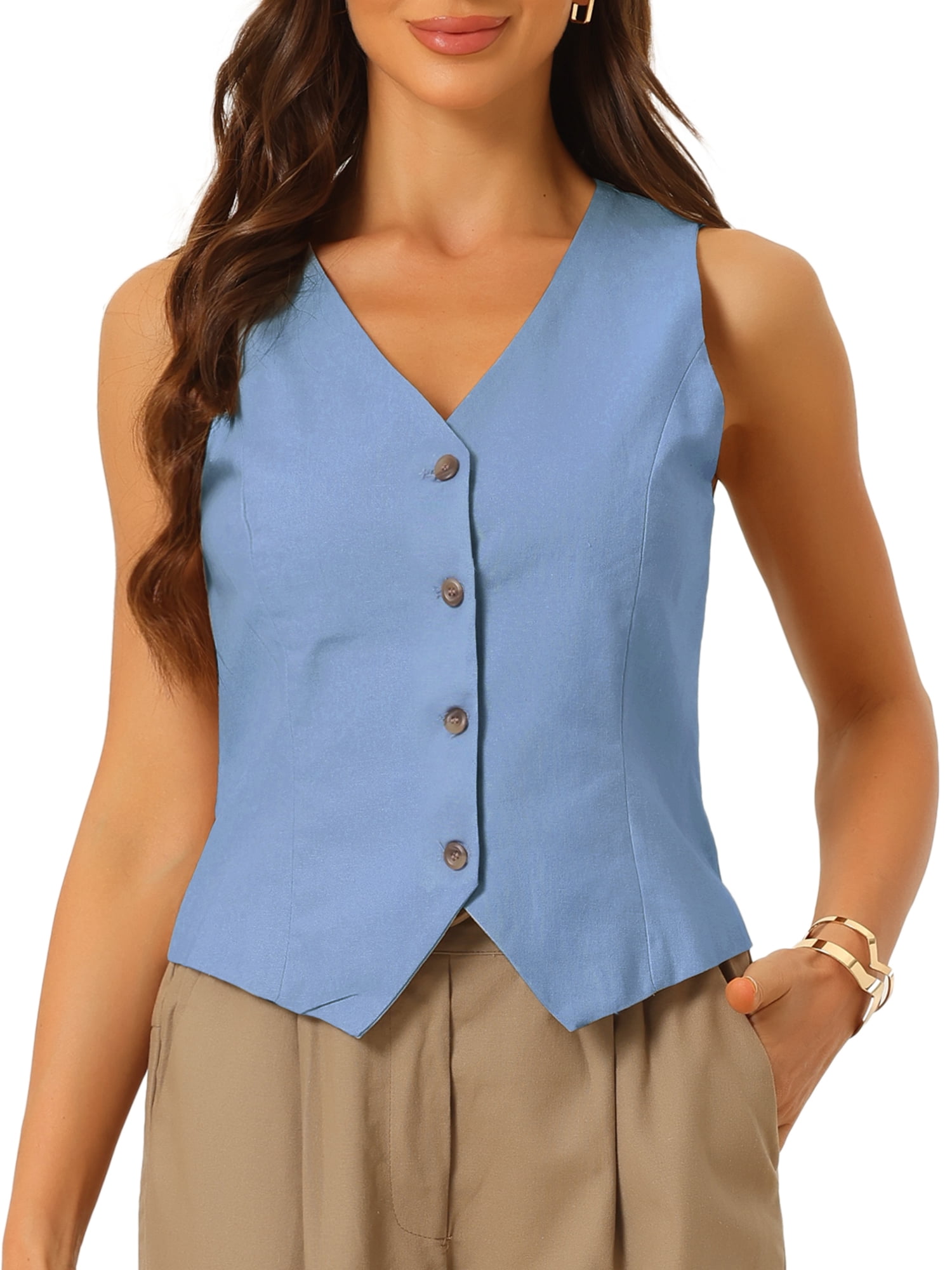 DARING DIVA Women's Waistcoat V Neck Crop Top Summer Vest L Light Blue