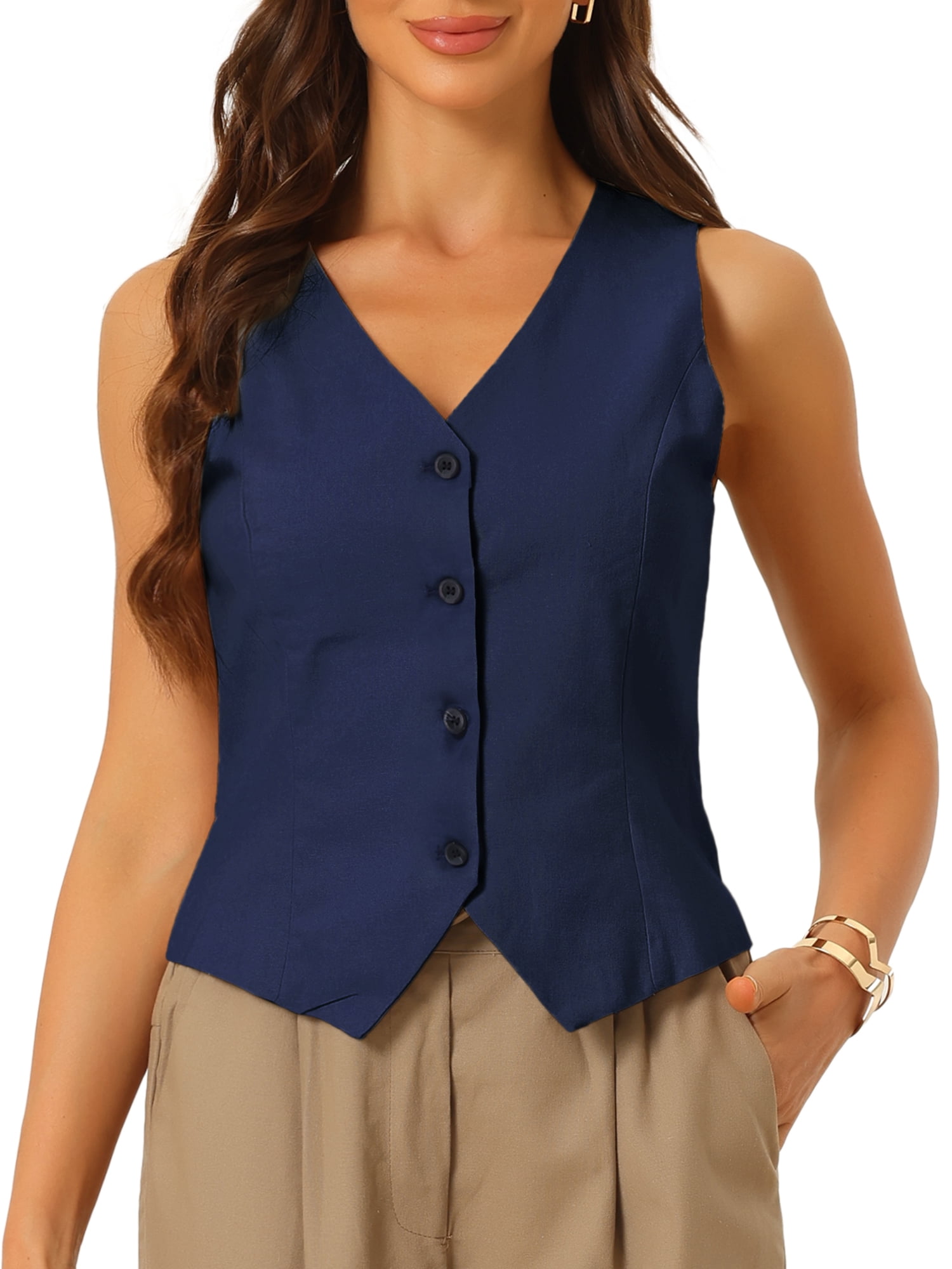 DARING DIVA Women's Waistcoat V Neck Crop Top Summer Vest XS Deep Blue