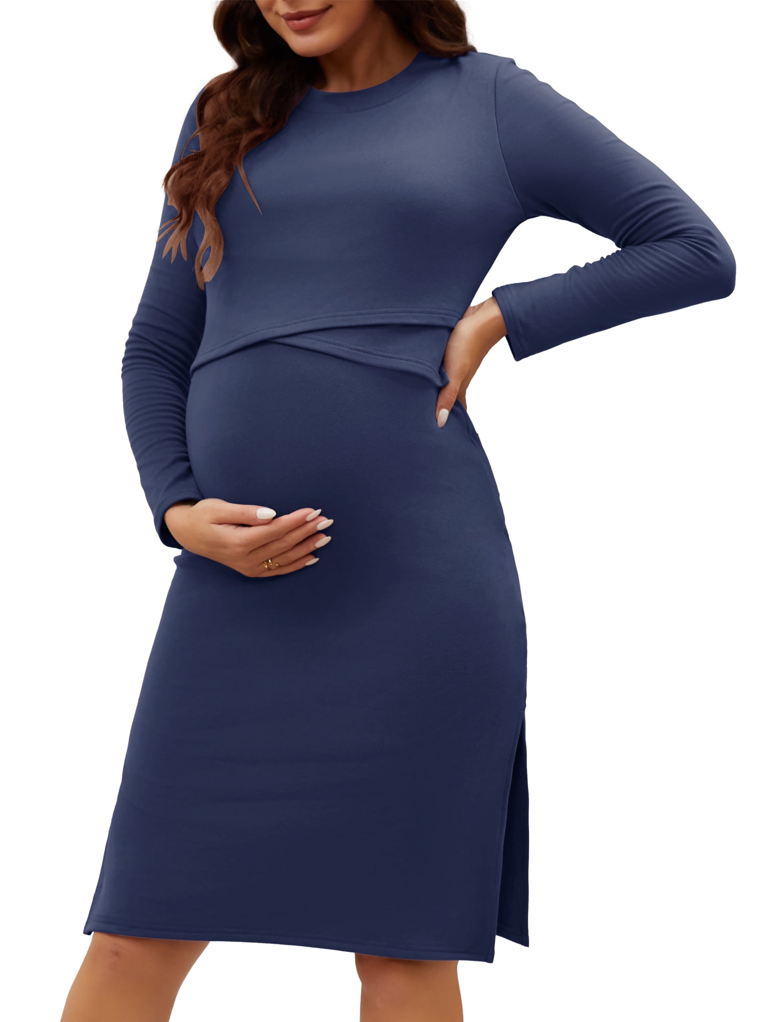 DARING DIVA Women's Warm Maternity Nursing Dress Long Sleeve Midi Lounge Dress S Blue
