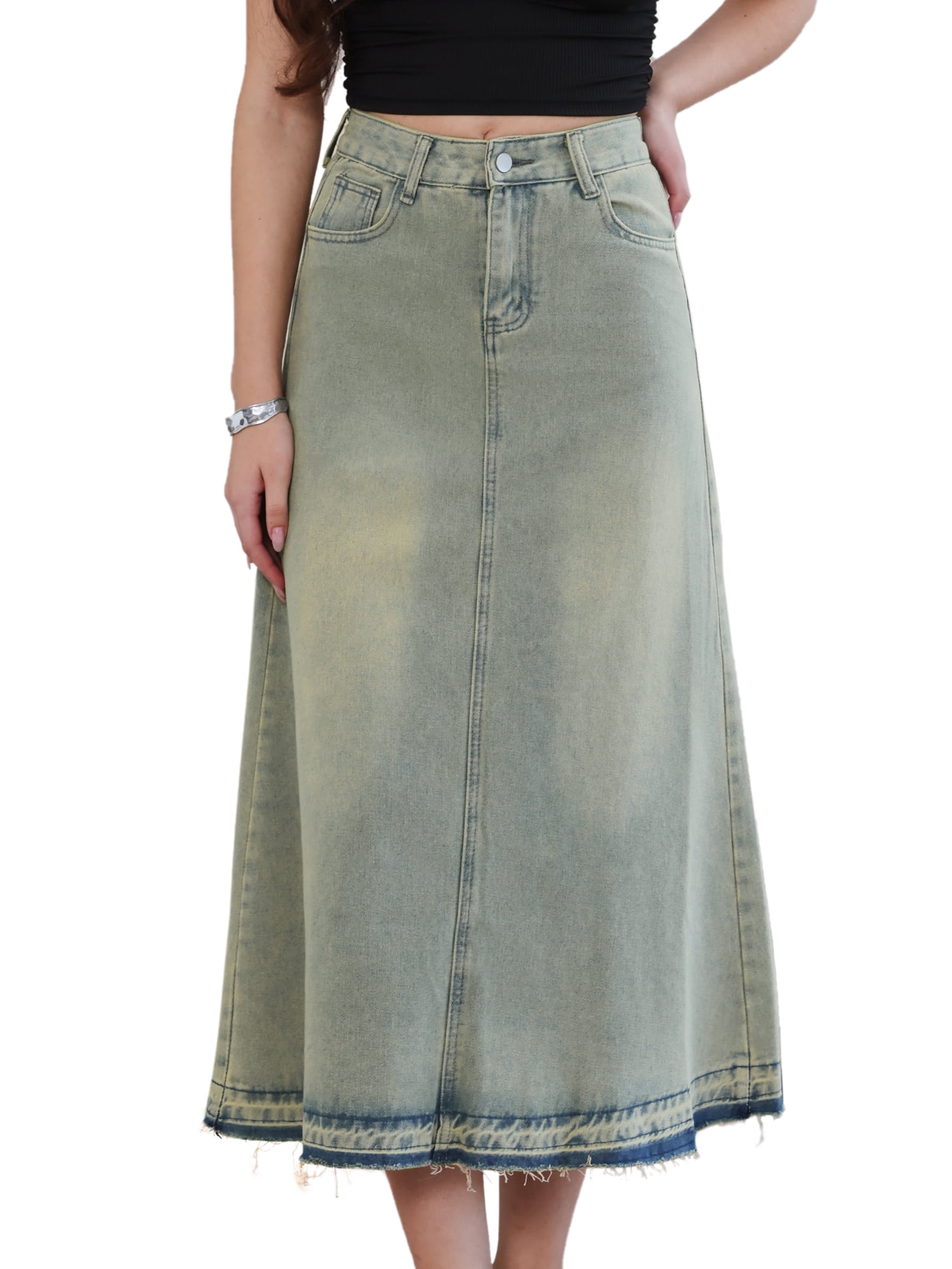 DARING DIVA Women's Wash Frayed Hem A Line Long Jean Skirt X-Small Faded Blue