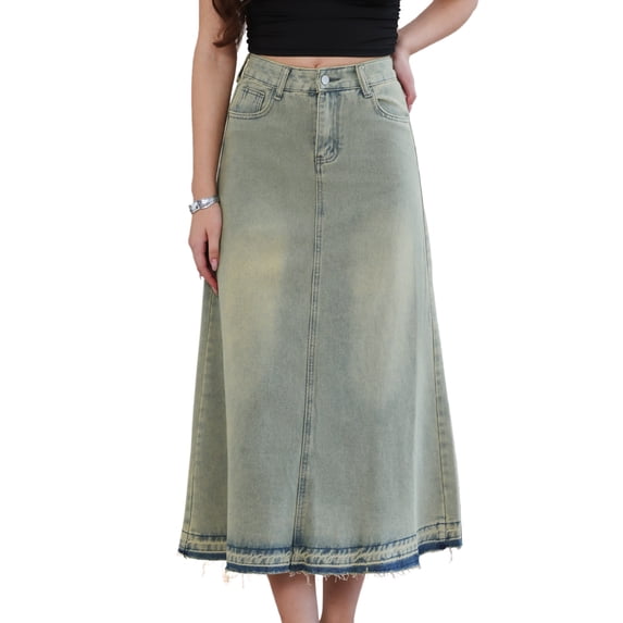 DARING DIVA Women's Wash Frayed Hem A Line Long Jean Skirt X-Small Faded Blue