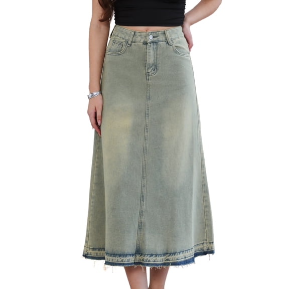 DARING DIVA Women's Wash Frayed Hem A Line Long Jean Skirt X-Small Faded Blue