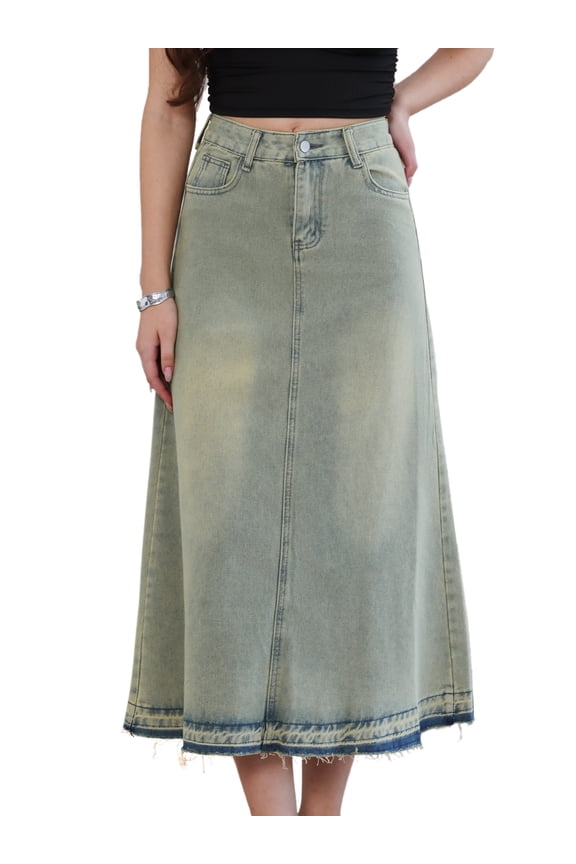 Women's Wash Frayed Hem A Line Long Jean Skirt X-Small Faded Blue