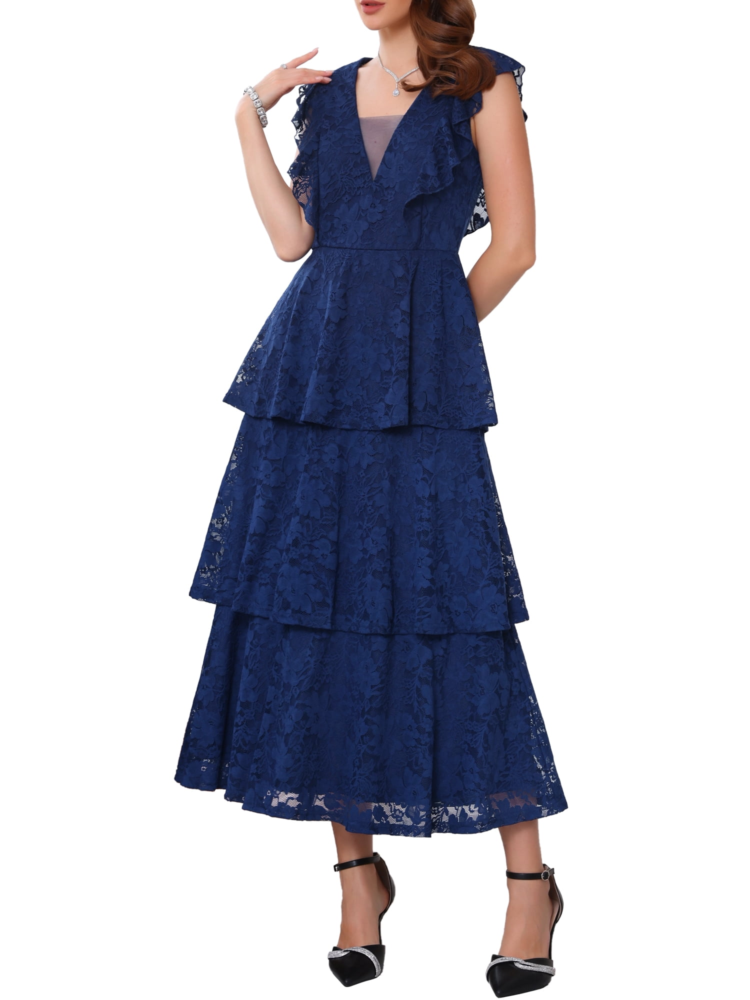 DARING DIVA Women's Wedding Guest Cocktail Ruffle Cap Sleeves Dress S Blue