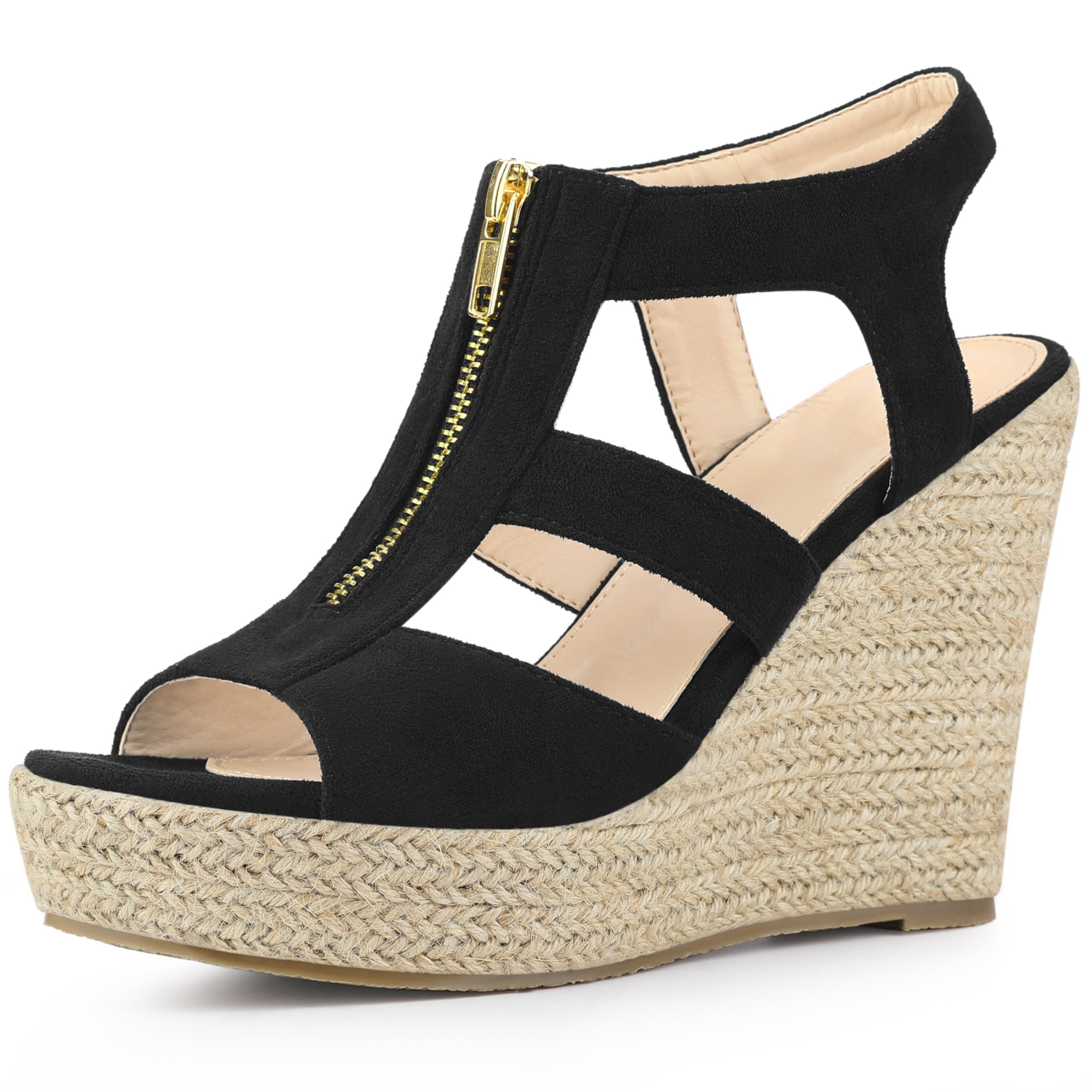DARING DIVA Women's Wedges Zipper Sandals Platform Wedges Heels Sandals Black 8.5