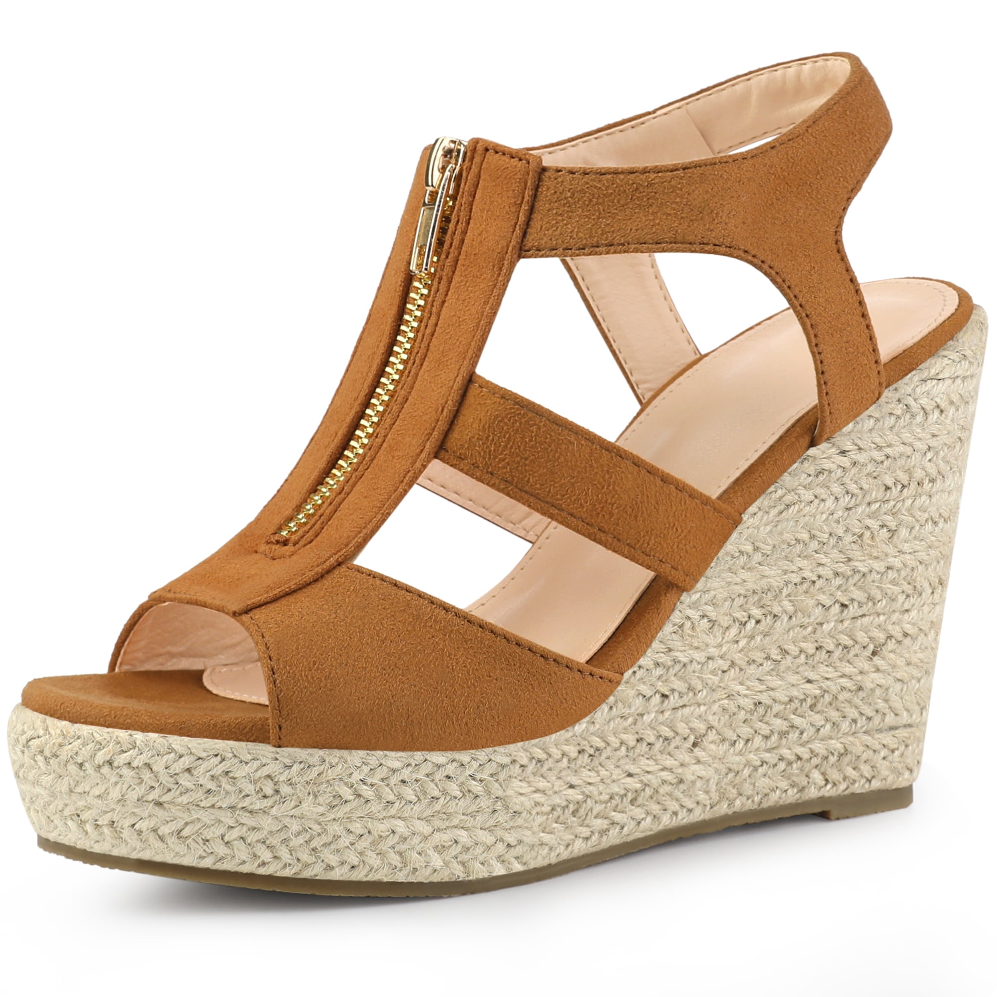 DARING DIVA Women's Wedges Zipper Sandals Platform Wedges Heels Sandals Brown 9