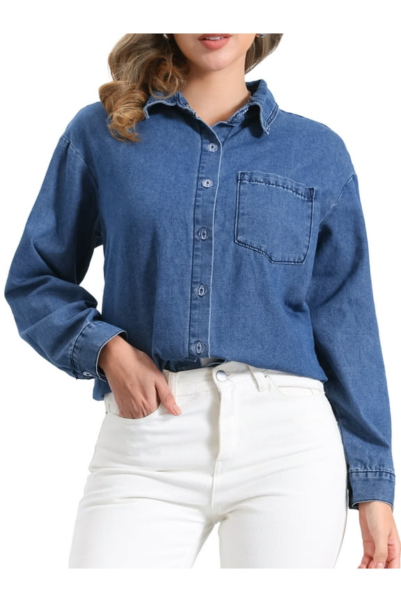 Women's Western Jean Shirts Button Down Chambray Jackets M Blue