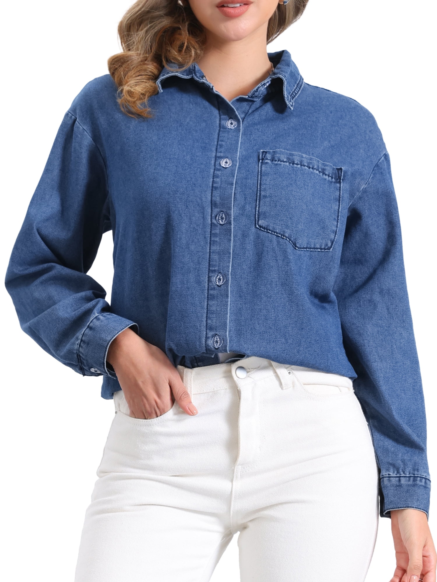 DARING DIVA Women's Western Jean Shirts Button Down Chambray Jackets XS Blue