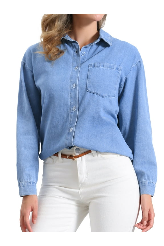 Women's Western Jean Shirts Button Down Chambray Jackets XS Light Blue