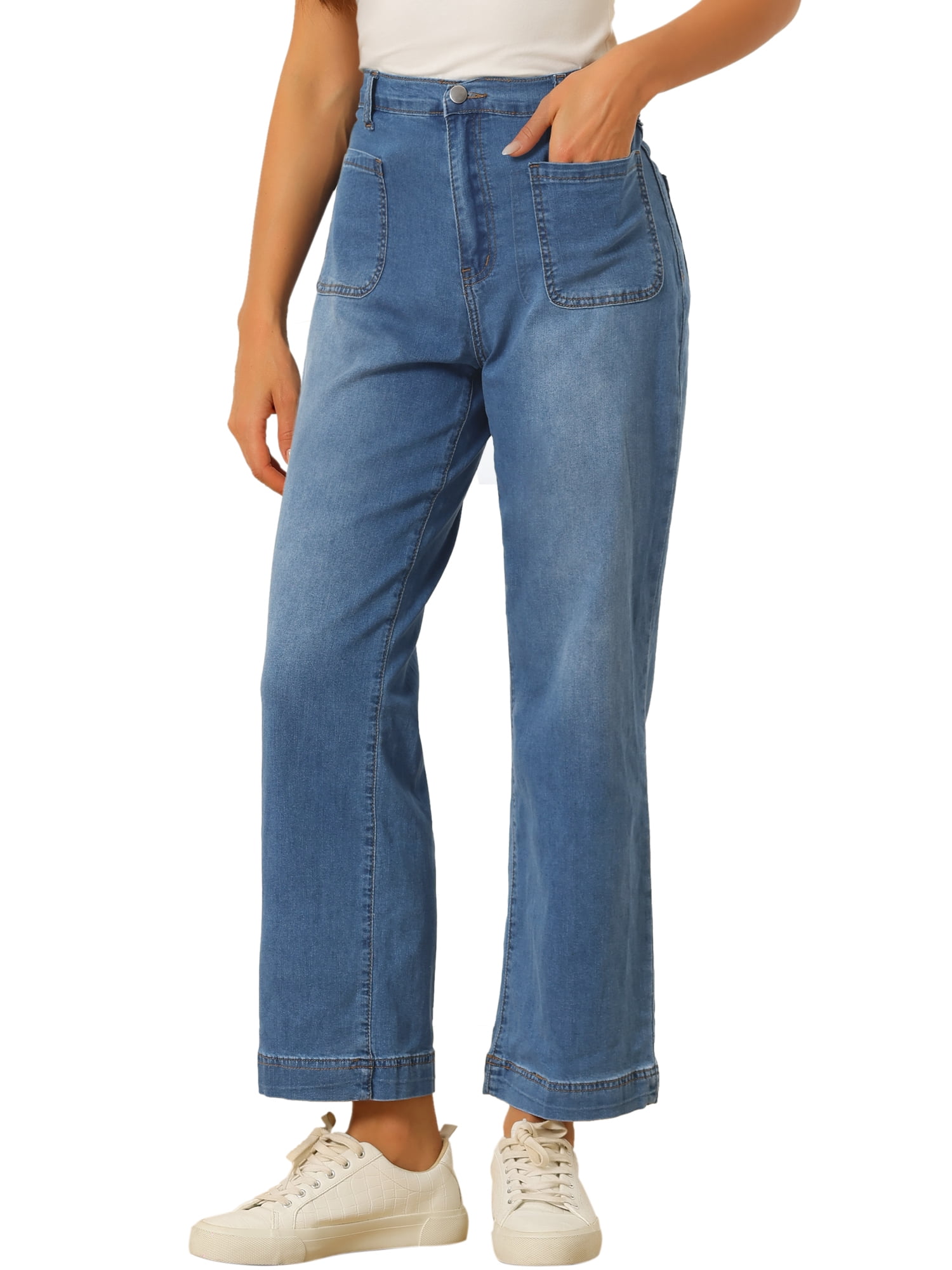 DARING DIVA Women's Wide High Waisted Stretchy Jeans Buttoned Denim Pants S Blue