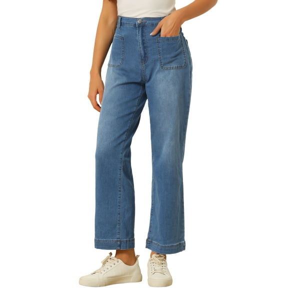 DARING DIVA Women's Wide High Waisted Stretchy Jeans Buttoned Denim Pants S Blue