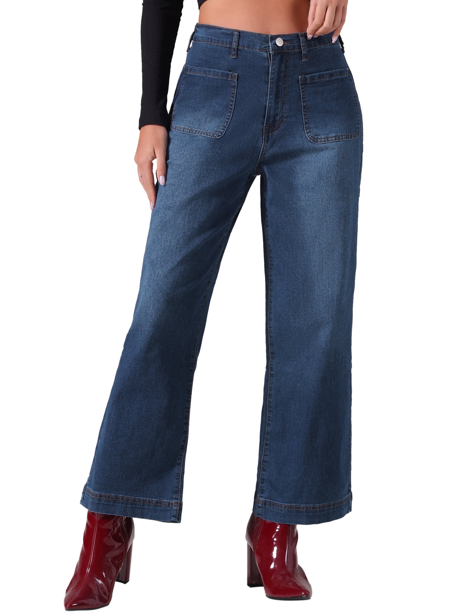 DARING DIVA Women's Wide High Waisted Stretchy Jeans Buttoned Denim Pants S Dark Blue