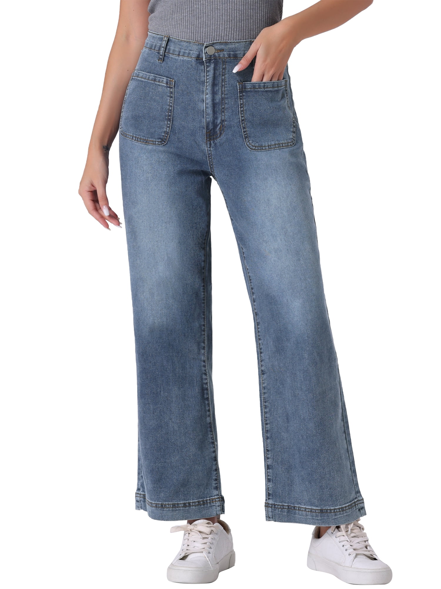 DARING DIVA Women's Wide High Waisted Stretchy Jeans Buttoned Denim Pants S Gray Blue