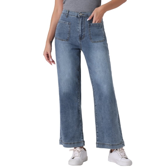 DARING DIVA Women's Wide High Waisted Stretchy Jeans Buttoned Denim Pants S Gray Blue