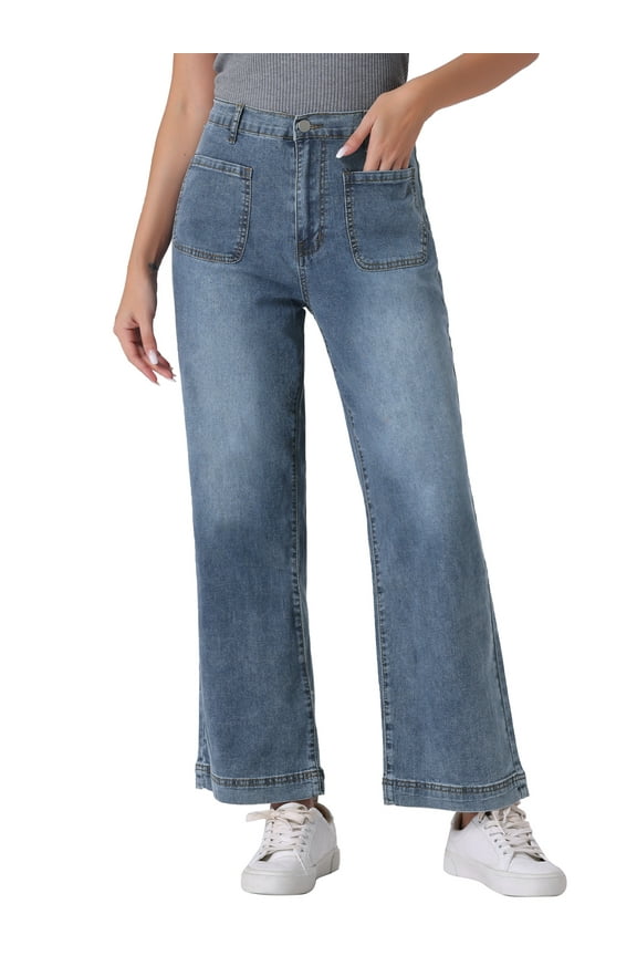 Women's Wide High Waisted Stretchy Jeans Buttoned Denim Pants S Gray Blue