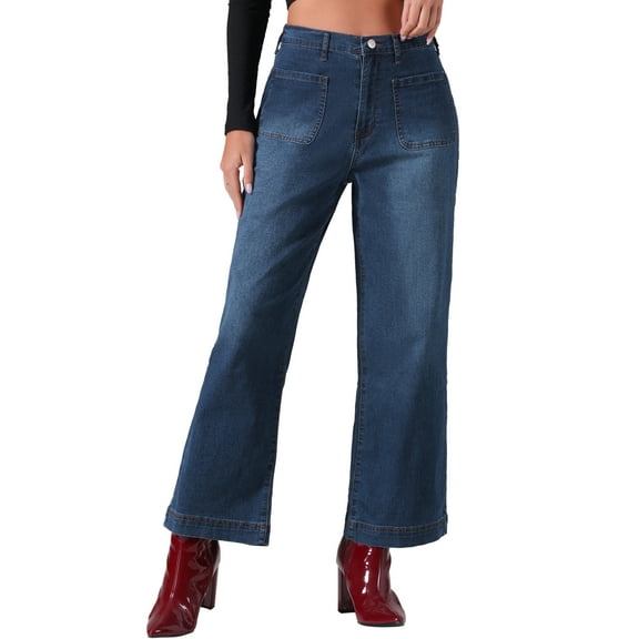 DARING DIVA Women's Wide High Waisted Stretchy Jeans Buttoned Denim Pants XS Dark Blue