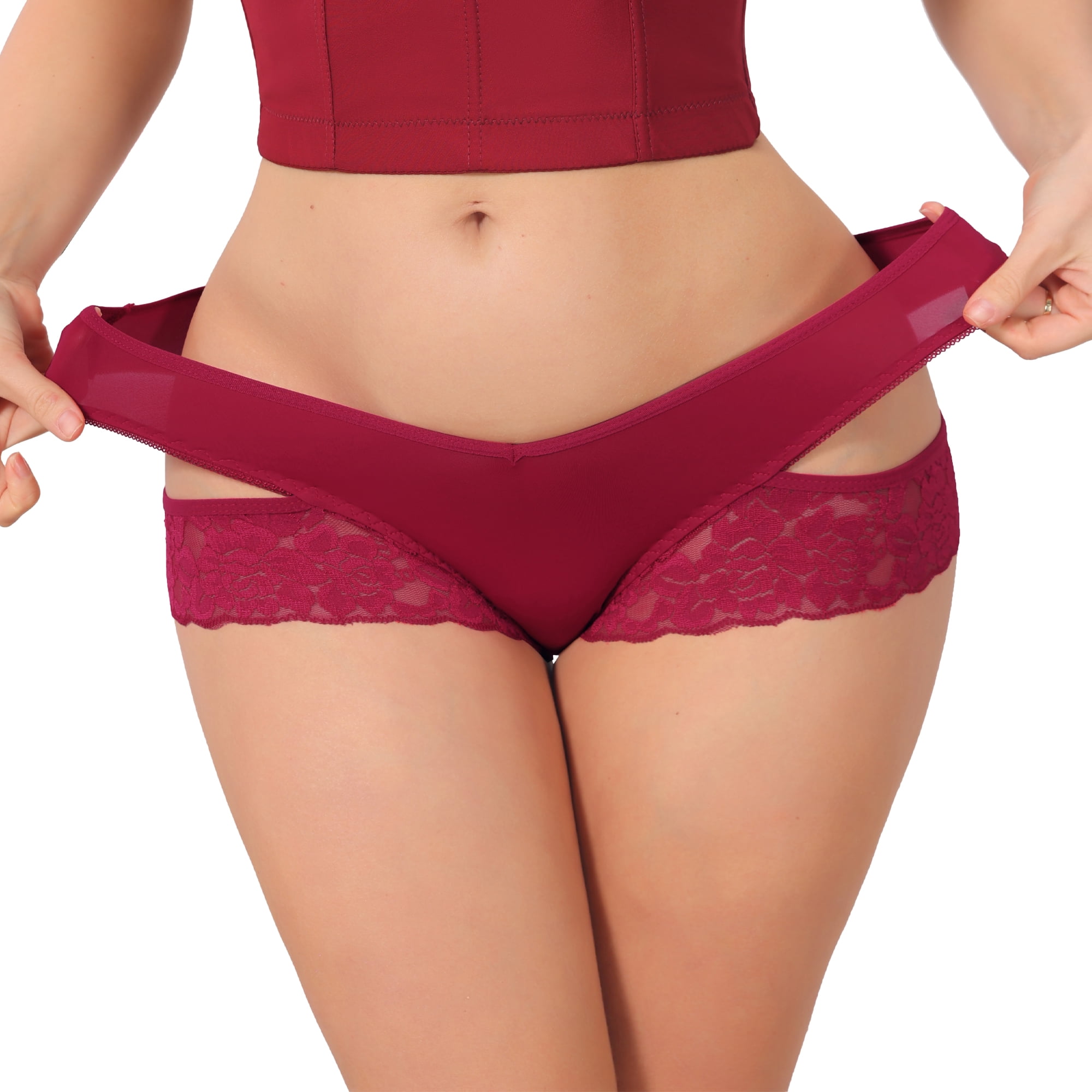 DARING DIVA Women's Wide Lace Trim Thong V-Cut Ice Silk Mid Rise T-Back Underwear M Red