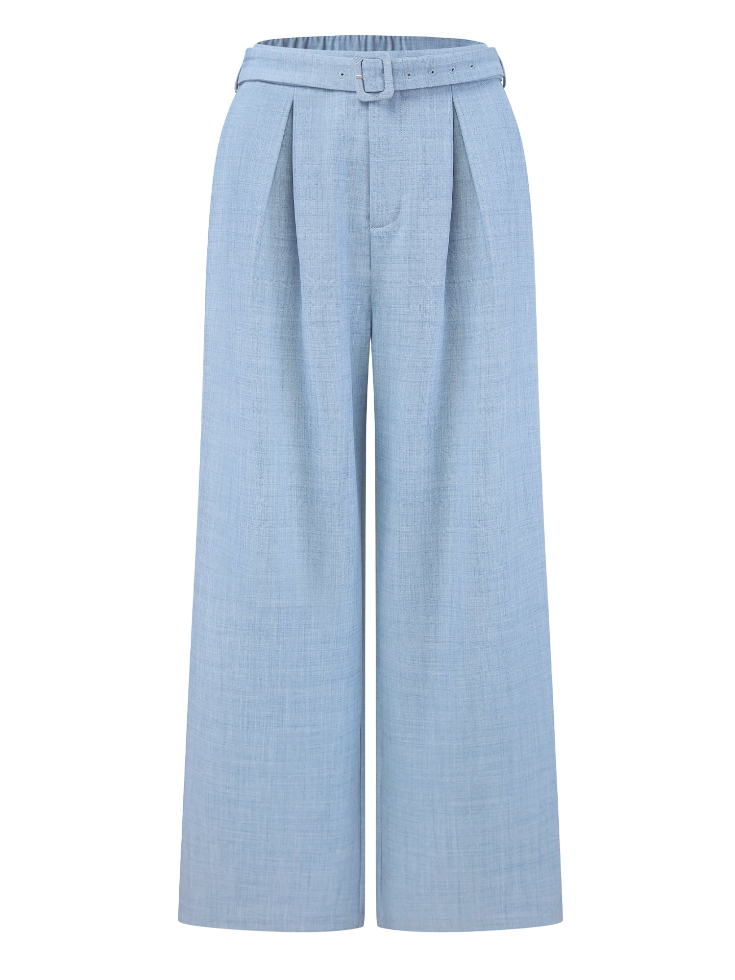 DARING DIVA Women's Wide Leg Belted Business Straight Long Trousers Medium Blue