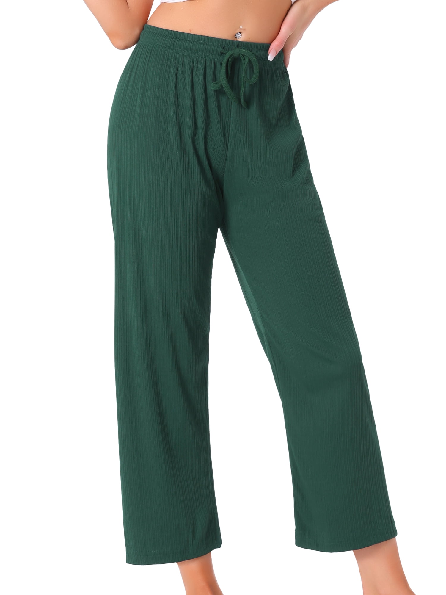 DARING DIVA Women's Wide Leg High Waist Ribbed Knit Loungewear XS Dark Green