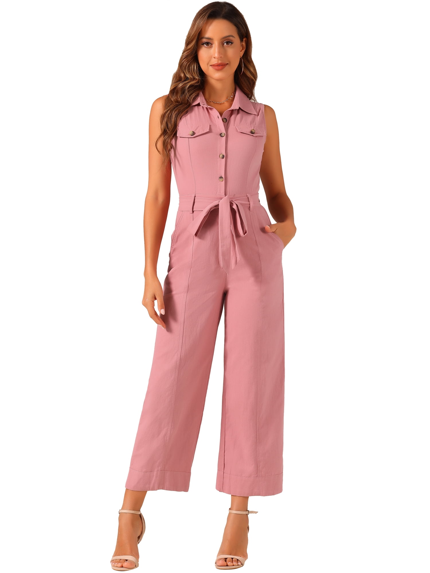 DARING DIVA Women's Wide Leg Jumpsuit Collared Tie Waist Coverall L Pink