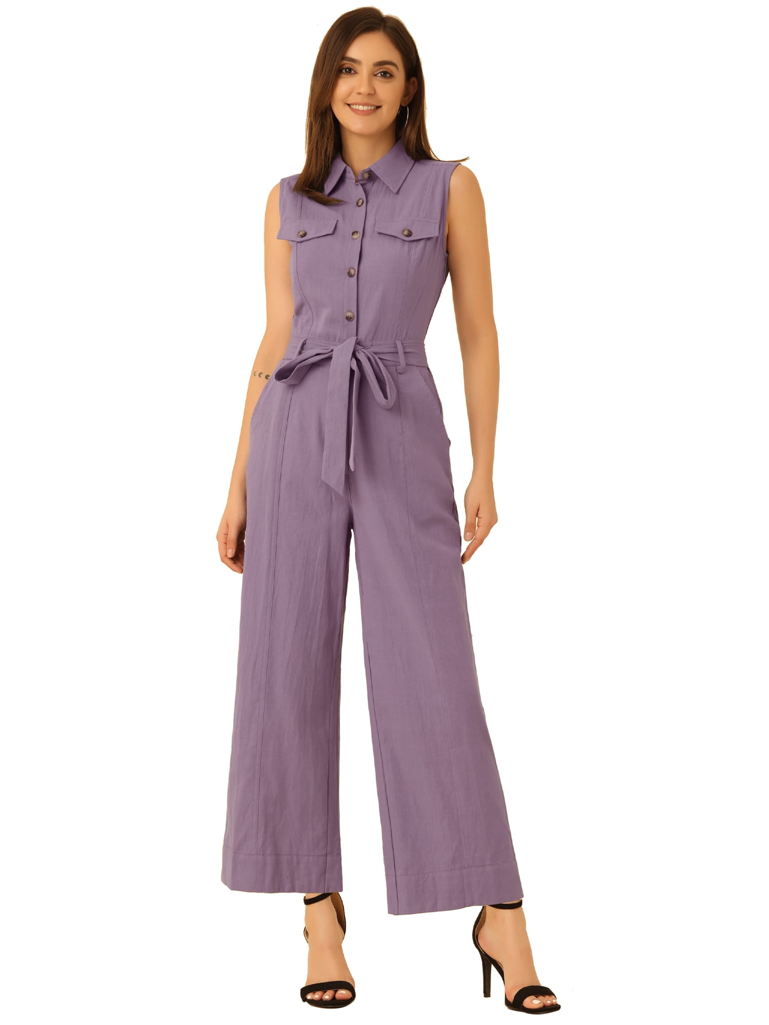 DARING DIVA Women's Wide Leg Jumpsuit Collared Tie Waist Coverall L Purple