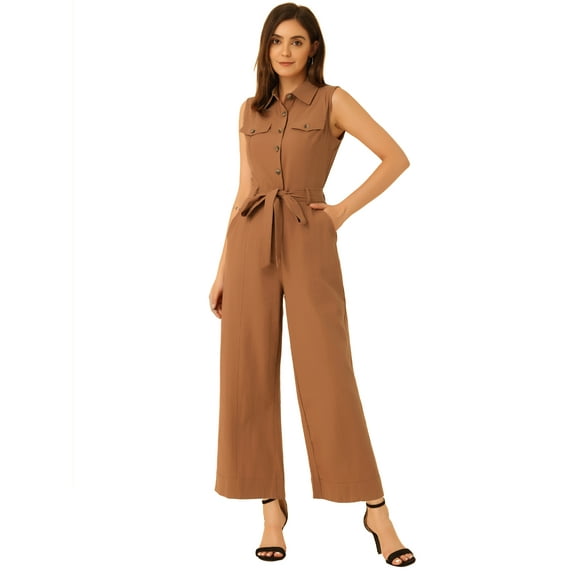 DARING DIVA Women's Wide Leg Jumpsuit Collared Tie Waist Coverall M Brown
