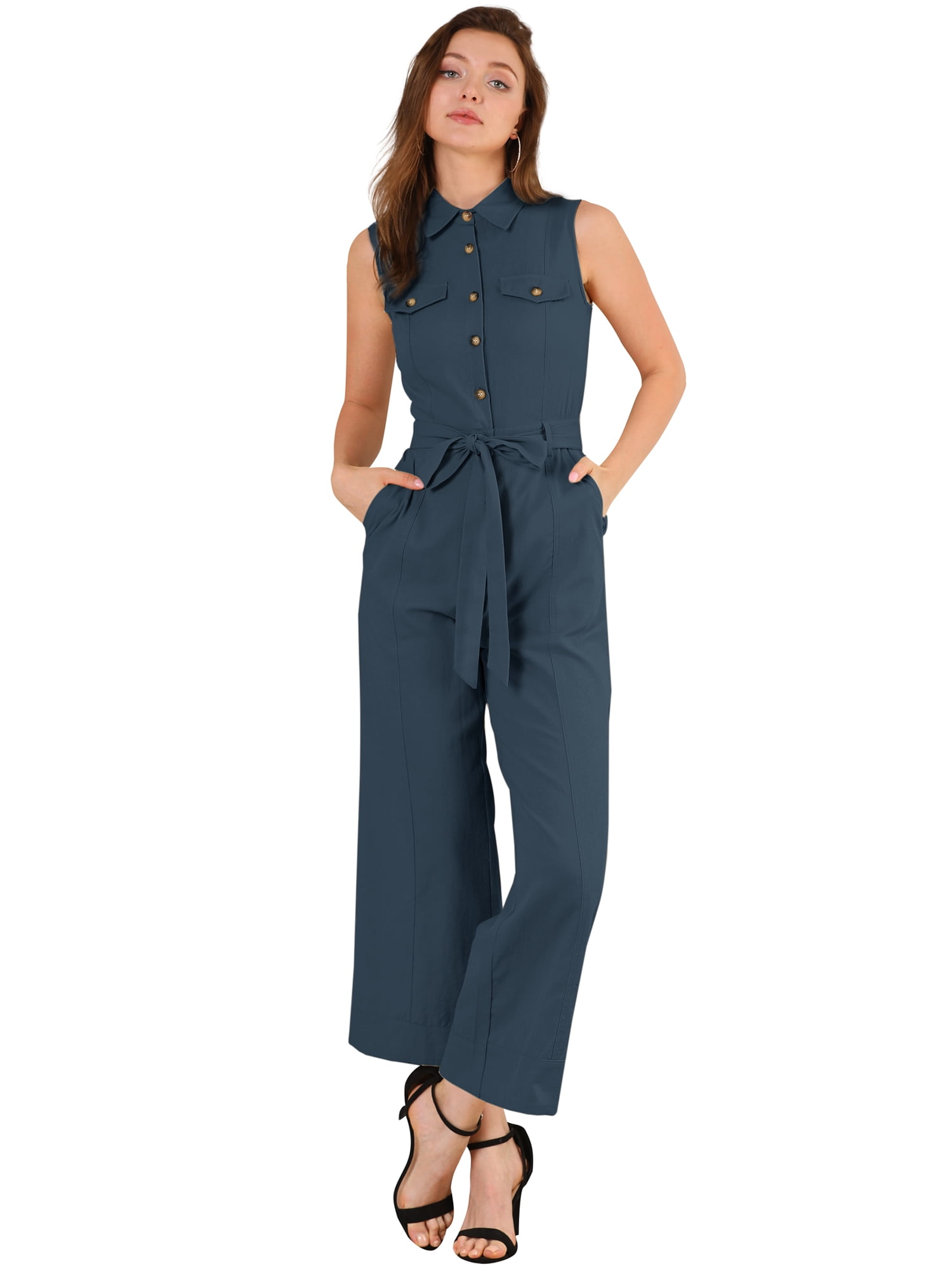 DARING DIVA Women's Wide Leg Jumpsuit Collared Tie Waist Coverall M Navy Blue