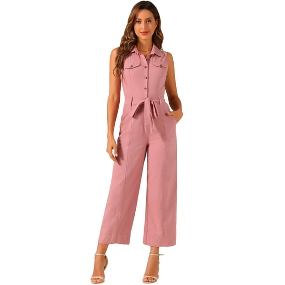 DARING DIVA Women's Wide Leg Jumpsuit Collared Tie Waist Coverall M Pink
