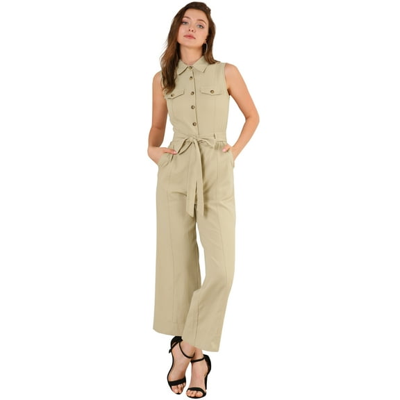 DARING DIVA Women's Wide Leg Jumpsuit Collared Tie Waist Coverall S Khaki