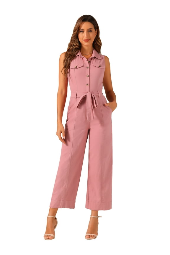 Women's Wide Leg Jumpsuit Collared Tie Waist Coverall S Pink