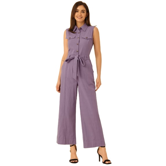 DARING DIVA Women's Wide Leg Jumpsuit Collared Tie Waist Coverall S Purple