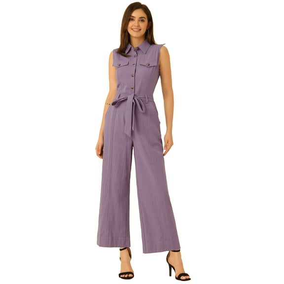 DARING DIVA Women's Wide Leg Jumpsuit Collared Tie Waist Coverall S Purple