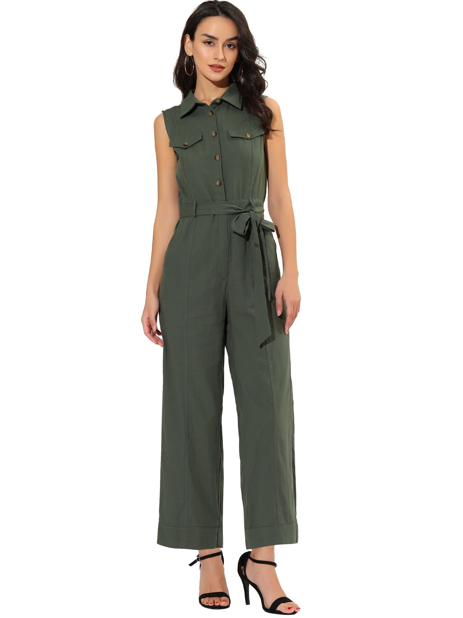 DARING DIVA Women's Wide Leg Jumpsuit Collared Tie Waist Coverall XL Army Green