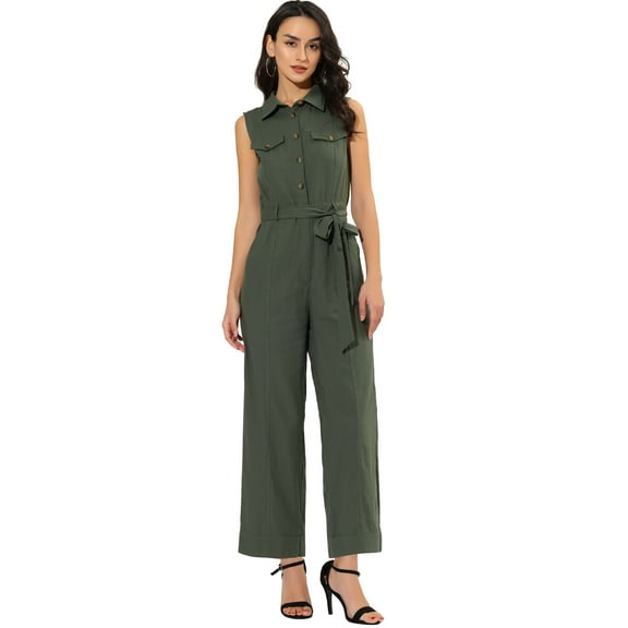 DARING DIVA Women's Wide Leg Jumpsuit Collared Tie Waist Coverall XL Army Green