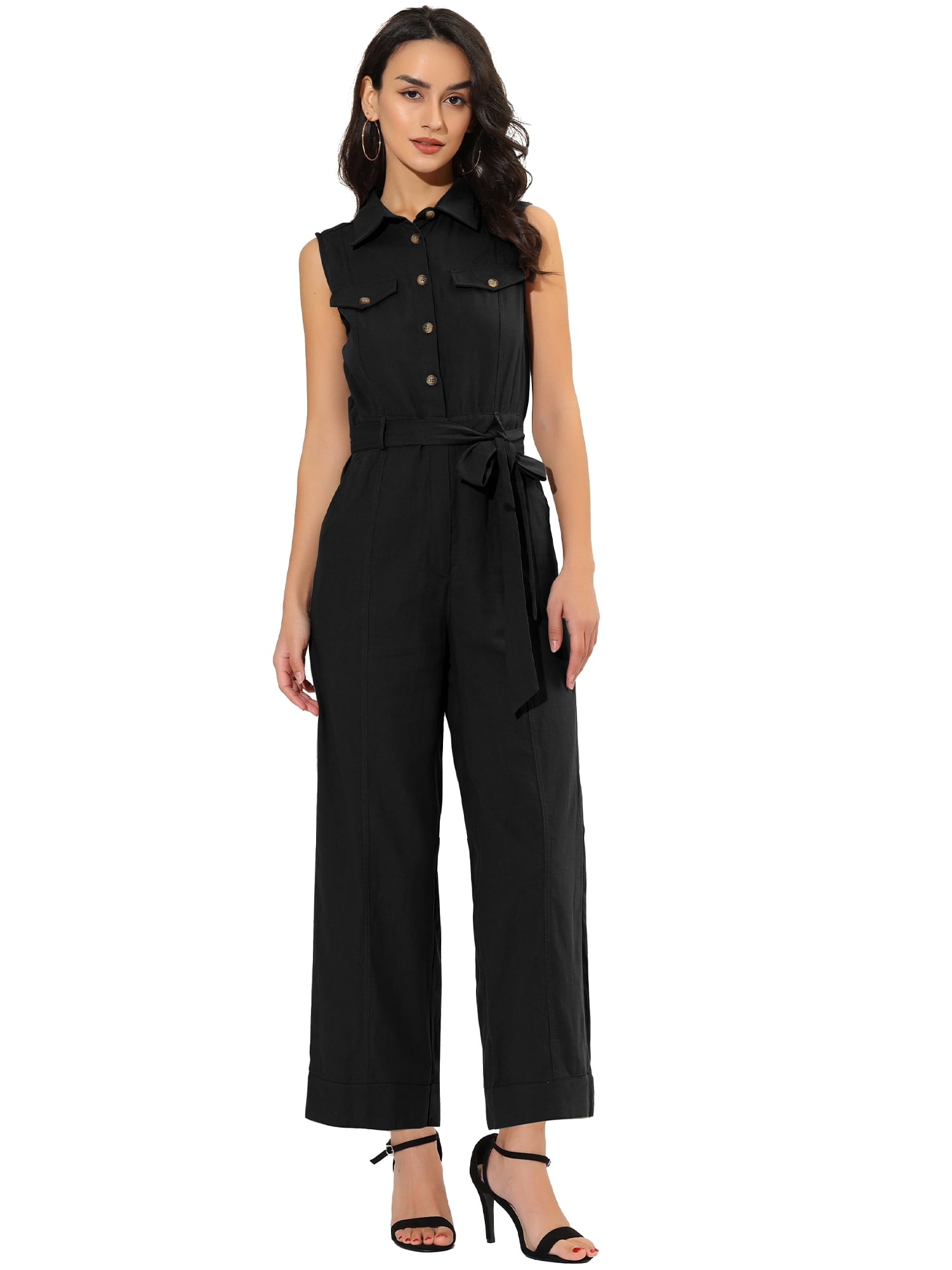 DARING DIVA Women's Wide Leg Jumpsuit Collared Tie Waist Coverall XL Black