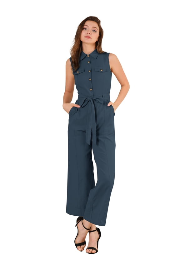Women's Wide Leg Jumpsuit Collared Tie Waist Coverall XL Navy Blue