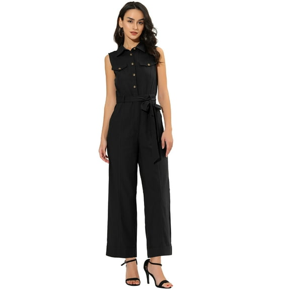 DARING DIVA Women's Wide Leg Jumpsuit Collared Tie Waist Coverall XS Black
