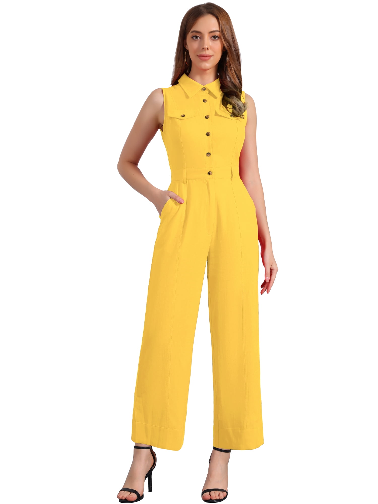 DARING DIVA Women's Wide Leg Jumpsuit Sleeveless Collared Tie Waist Coverall L Golden