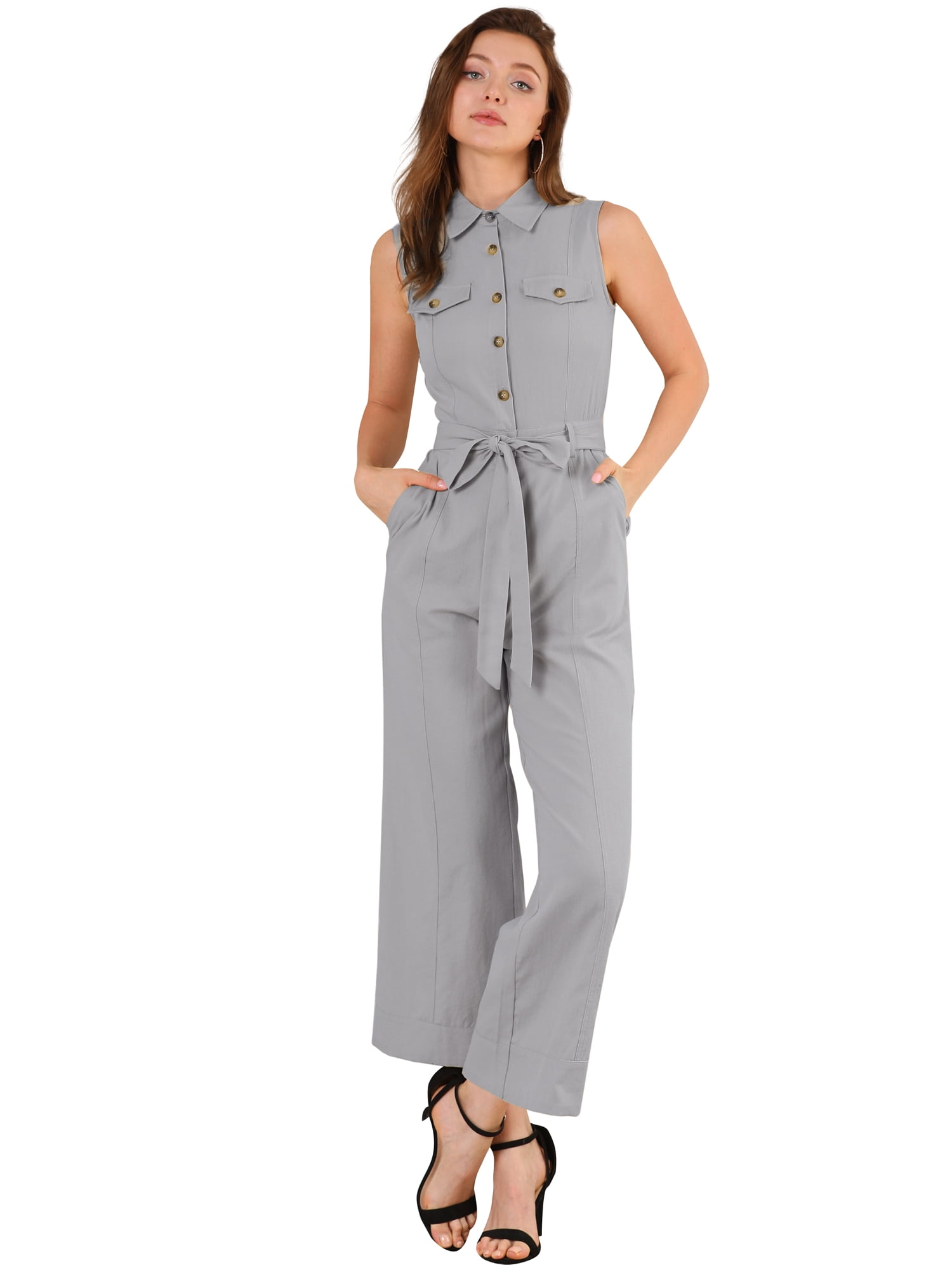 DARING DIVA Women's Wide Leg Jumpsuit Sleeveless Collared Tie Waist Coverall S Light Grey