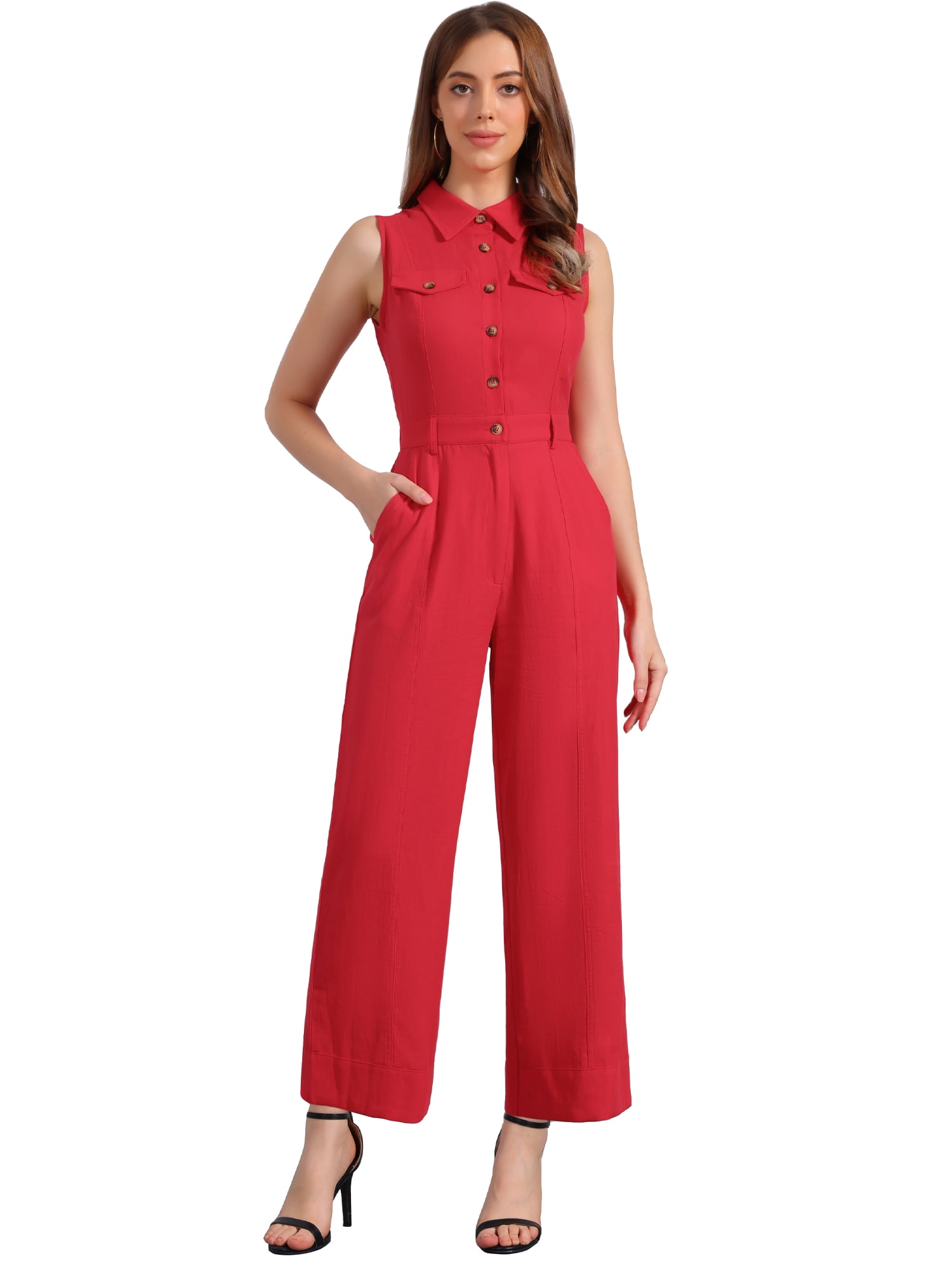 DARING DIVA Women's Wide Leg Jumpsuit Sleeveless Collared Tie Waist Coverall XL Red