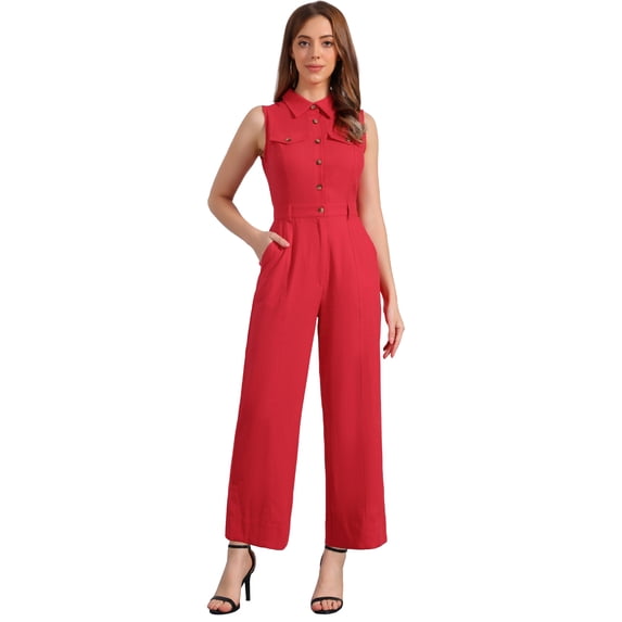 DARING DIVA Women's Wide Leg Jumpsuit Sleeveless Collared Tie Waist Coverall XL Red