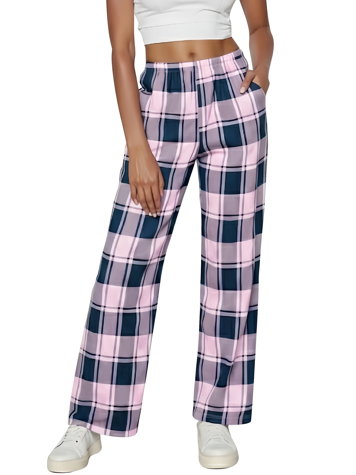 DARING DIVA Women's Wide Leg Knit Sweatpants with Elastic Waist 2XL Pink Plaid