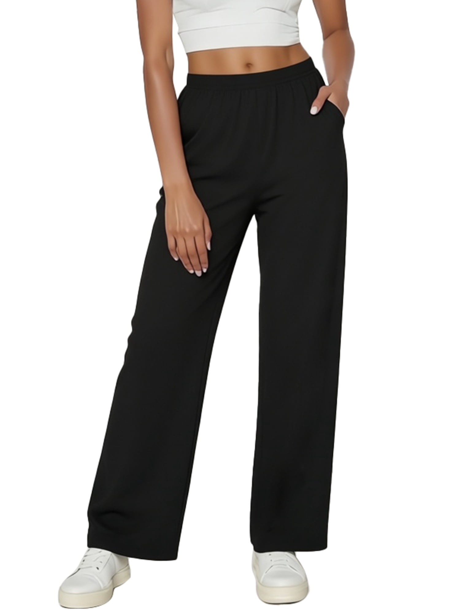 DARING DIVA Women's Wide Leg Knit Sweatpants with Elastic Waist M Black