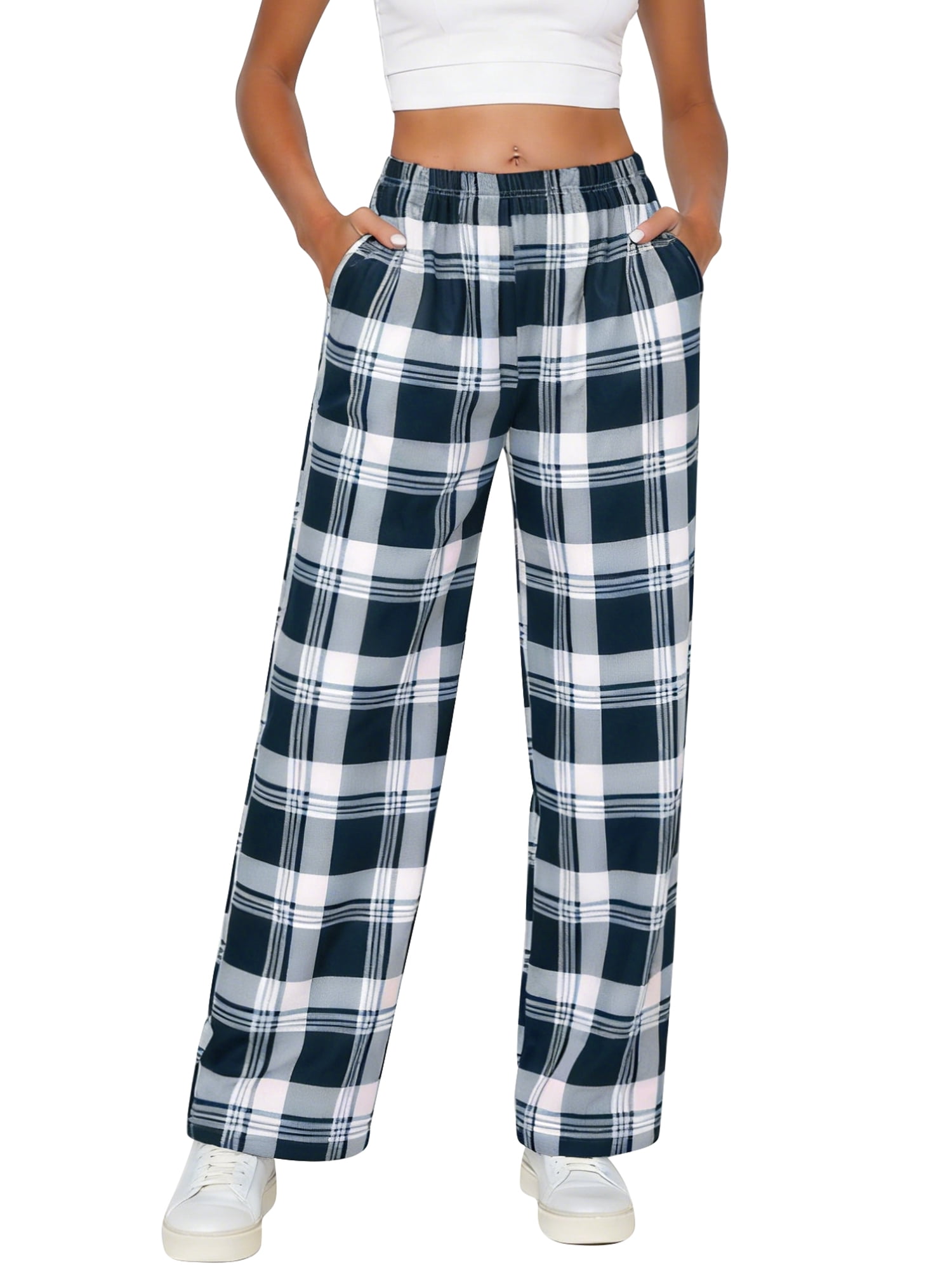 DARING DIVA Women's Wide Leg Knit Sweatpants with Elastic Waist S Black Plaid