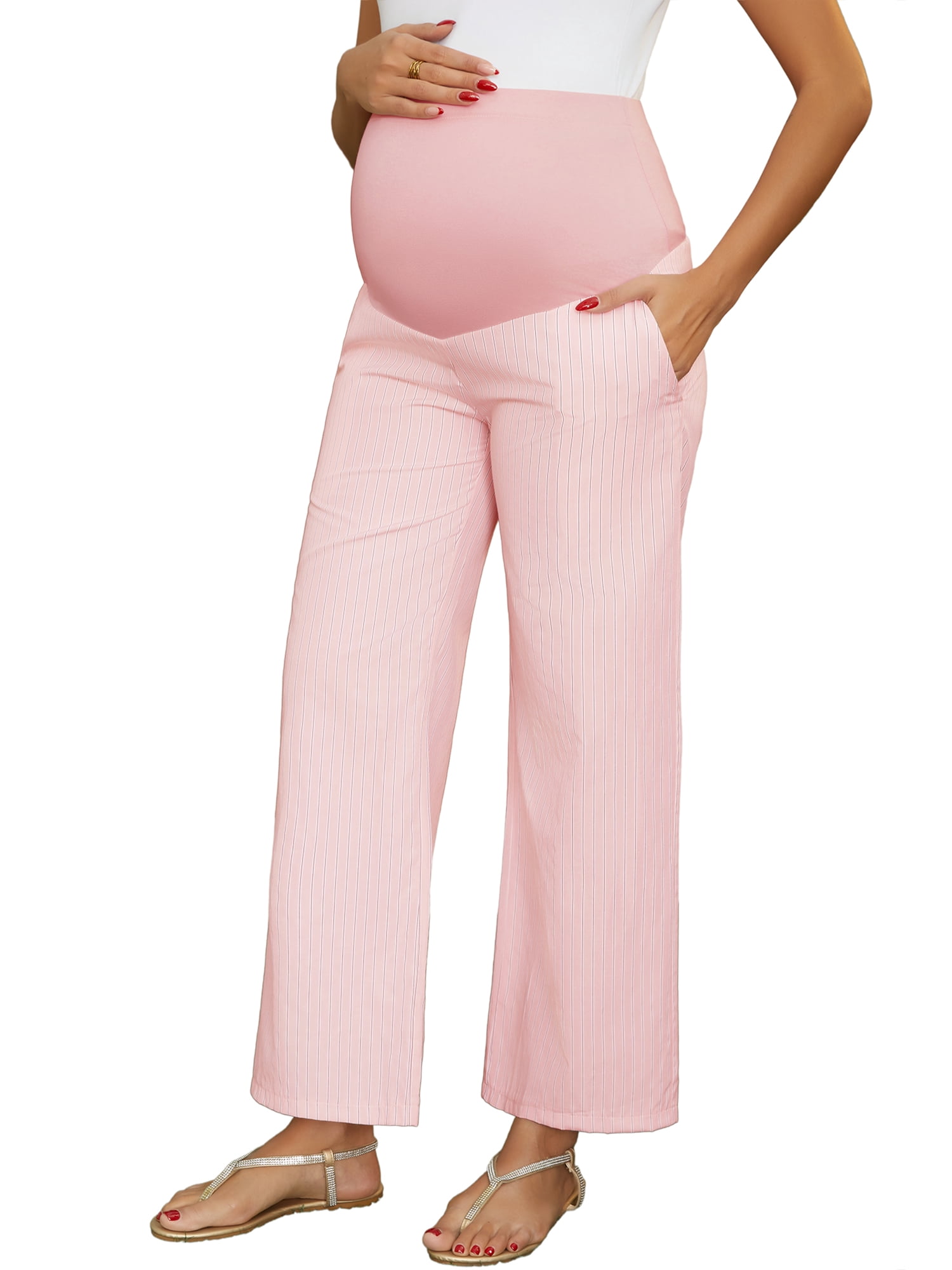 DARING DIVA Women's Wide Leg Maternity Pants Over Belly Elastic Waist M Pink Stripe